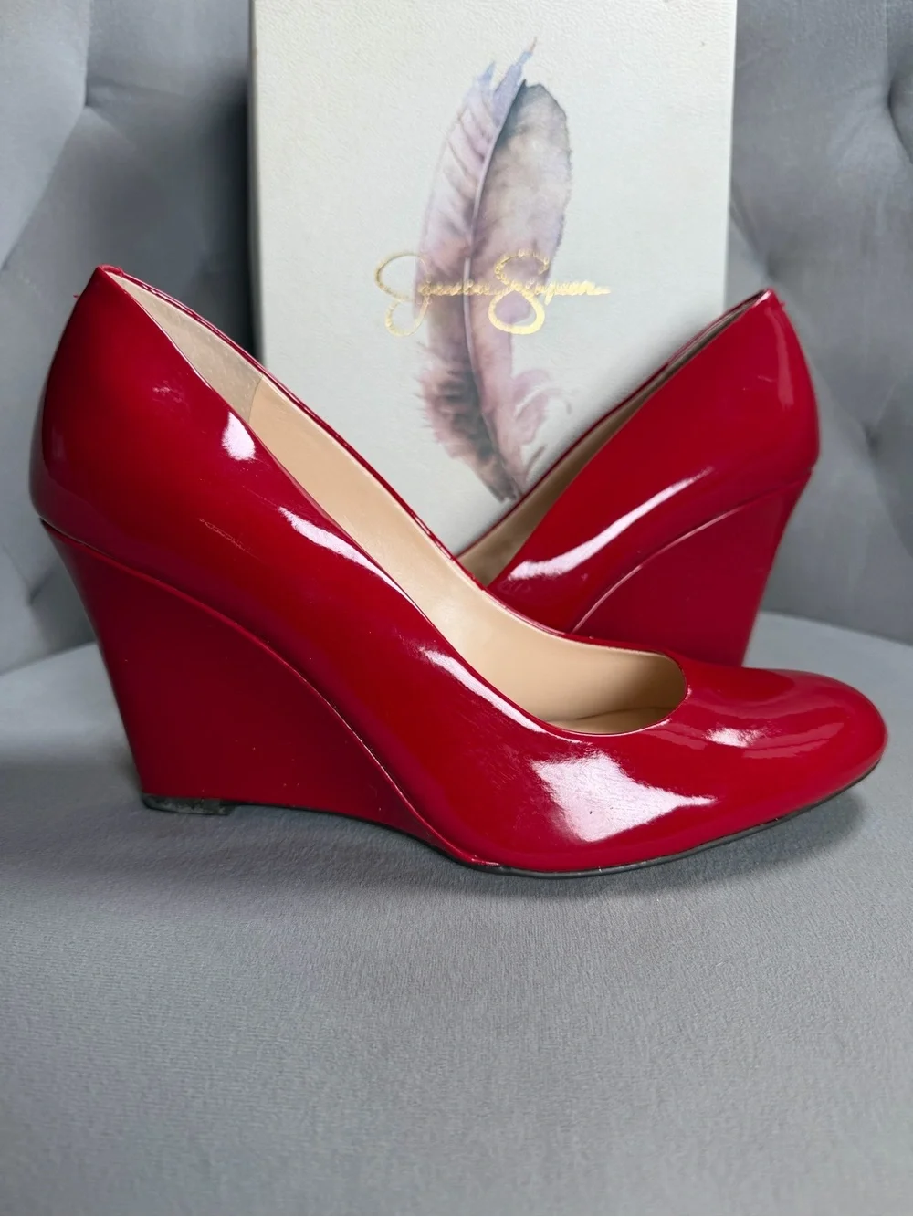 Y2K Jessica Simpson Red Patent Leather Wedge Pumps with Original Box